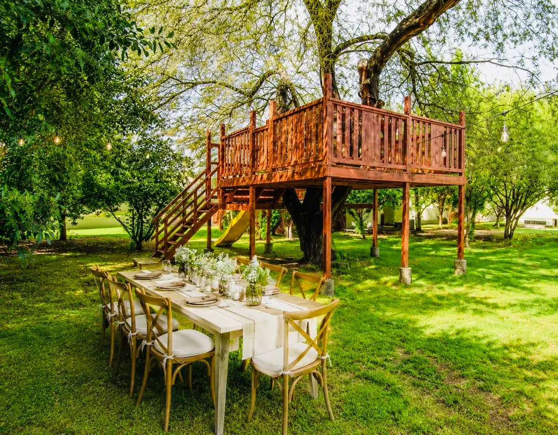 A shaded gathering space under the trees at Solstave
